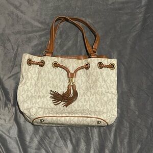 Michael Kors Cream and Brown Logo Drawstring Tote